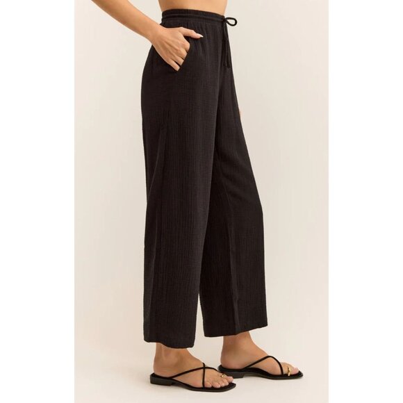 Black High-Waisted Wide-Leg Pants With Drawstring Waist & Pockets - Picture 3 of 8